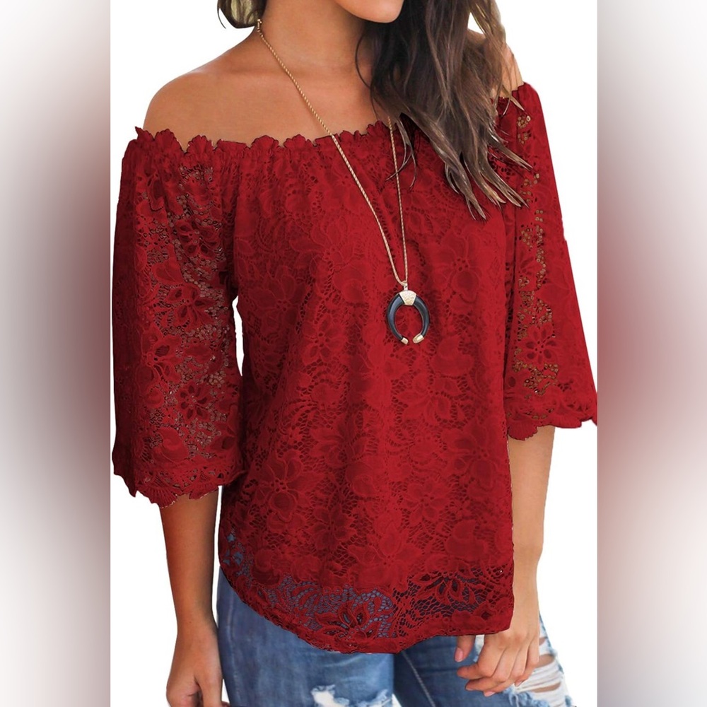Off-Shoulder Lace Blouse - Red - Picture 3 of 7